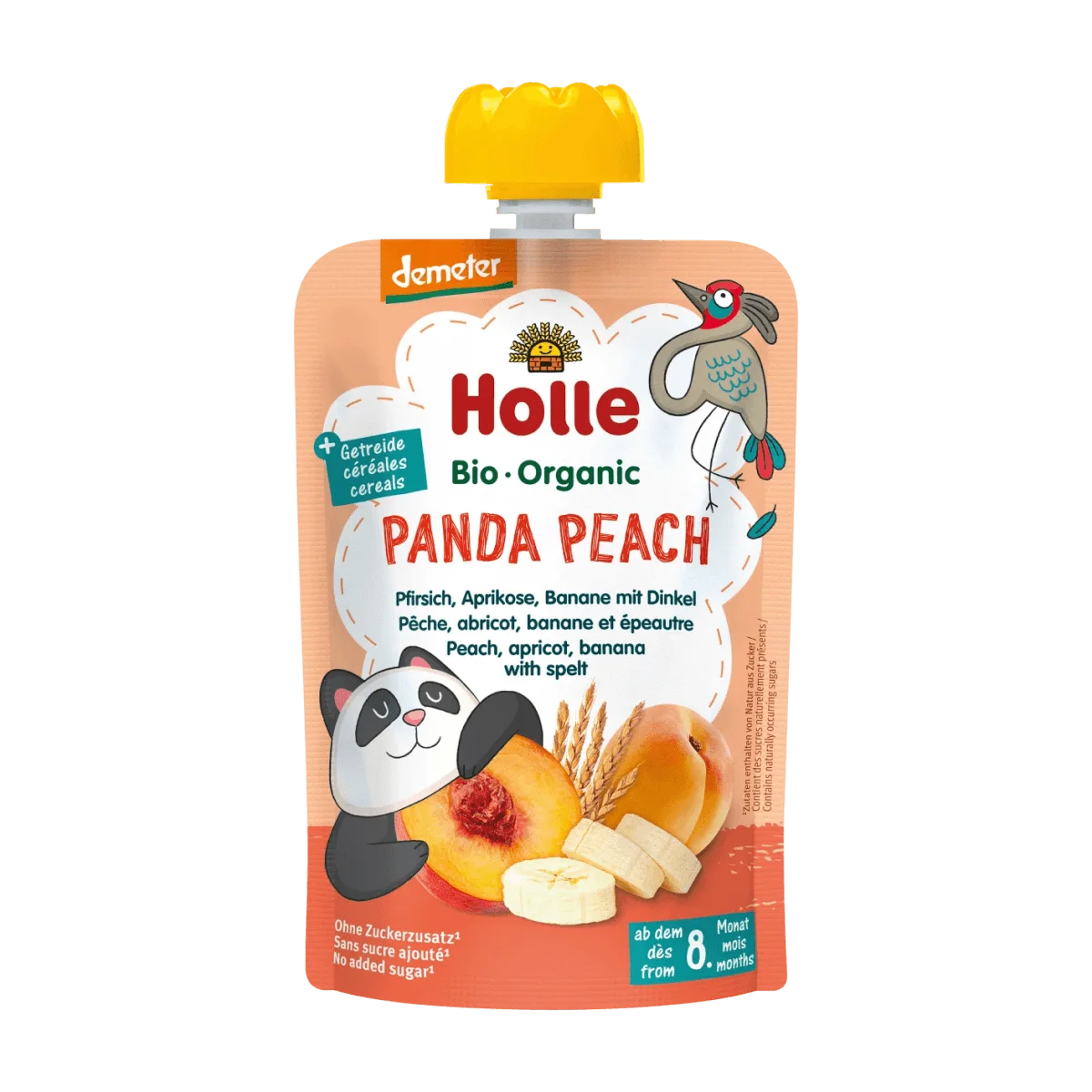Holle baby food Quetschie Panda Peach, Pfirsich, Aprikose, Banane mit Dinkel ab 8 Monaten, 100 g
