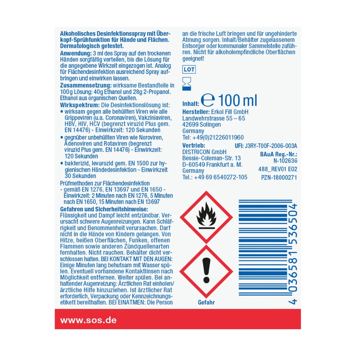 SOS Desinfektionsspray Intense für Hand & Flächen, 100 ml