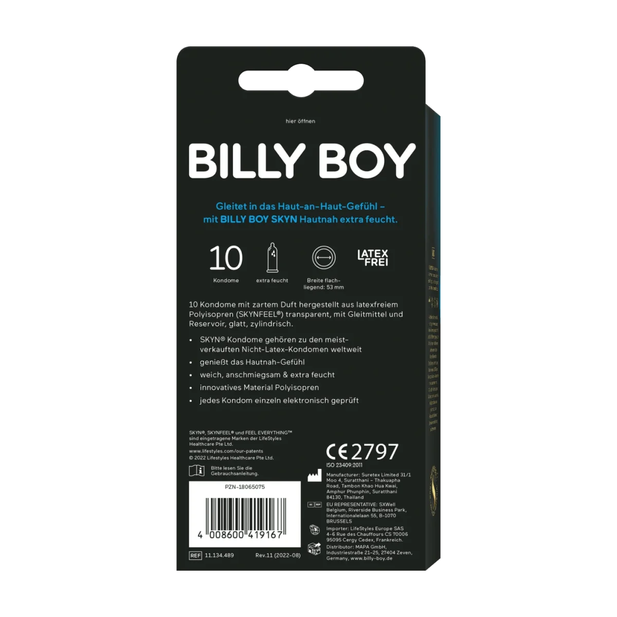 BILLY BOY Kondome Hautnah extra feucht, latexfrei, Breite 53mm, 10 Stk