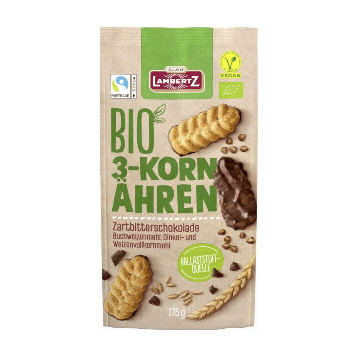 Lambertz Kekse, Bio 3-Korn Ähren mit Zartbitterschokolade, 175 g