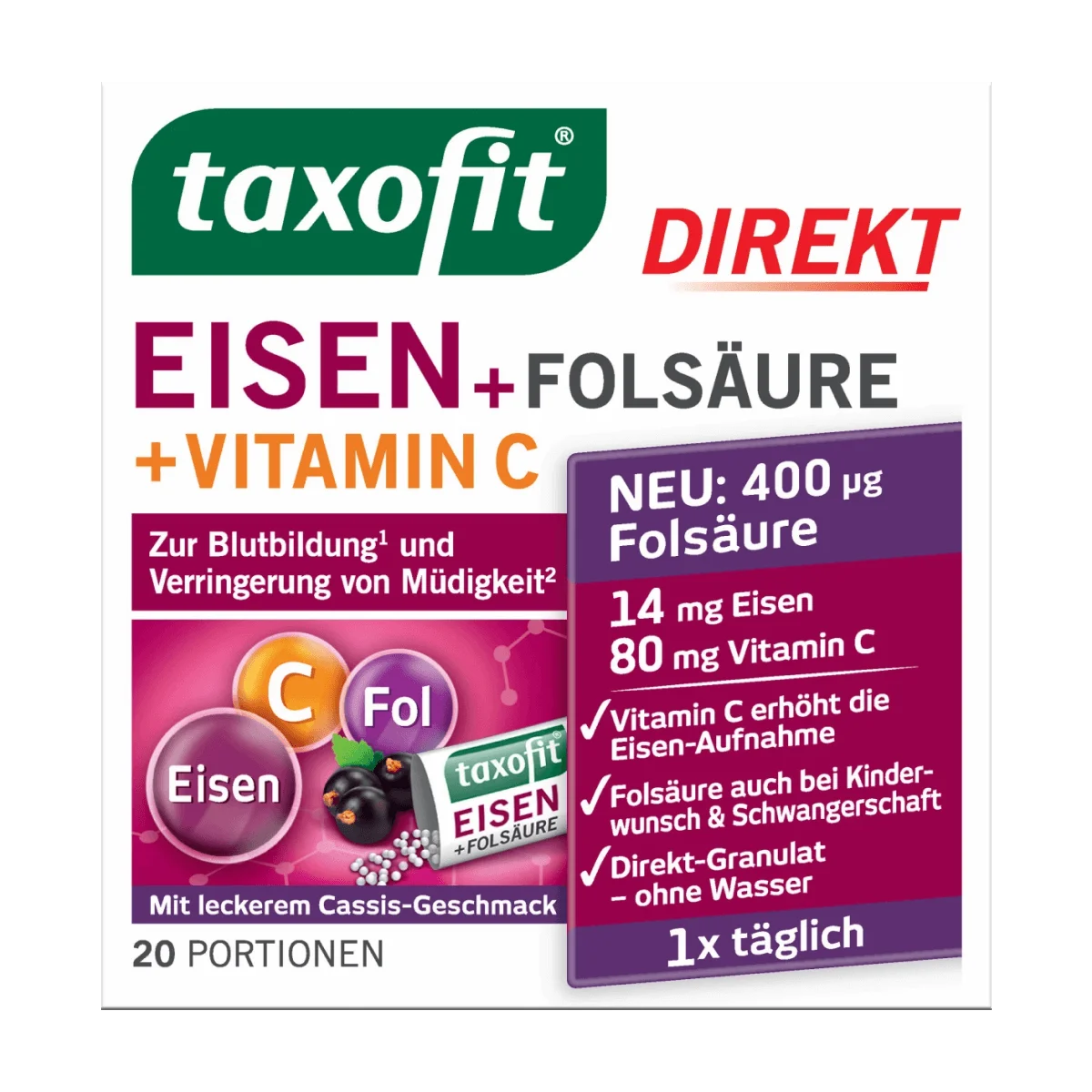 taxofit Eisen + Folsäure + Vitamin C direkt Granulat (20 Stück), 22 g