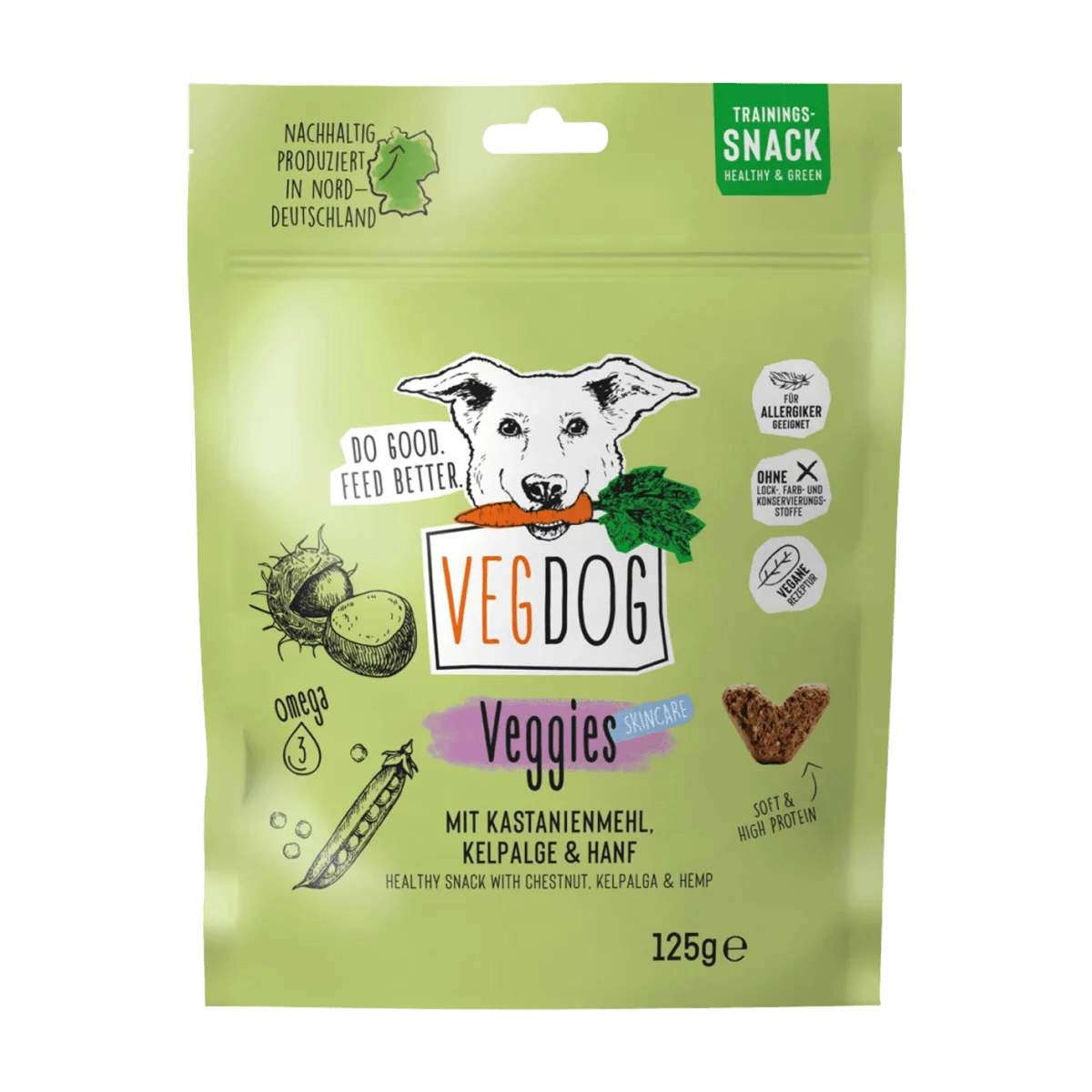 VegDog Hundeleckerli mit Kastanie, Kelp & Hanf, Veggies skincare, 125 g