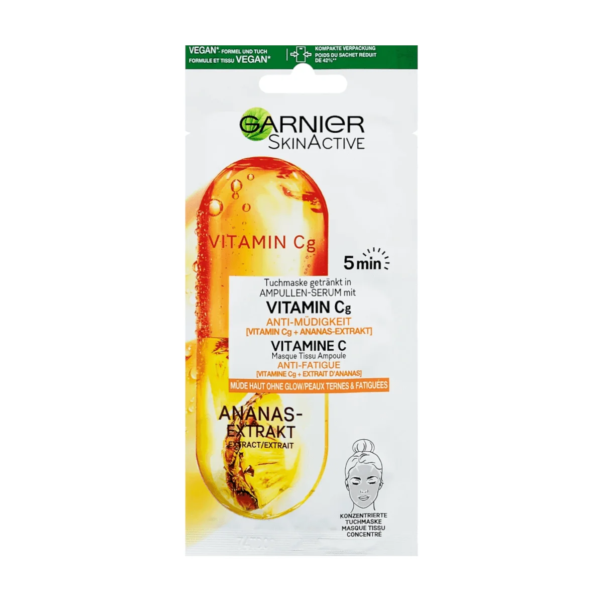 Garnier SkinActive Ampullen Tuchmaske Anti-Müdigkeit mit Vitamin C & Ananas-Extrakt, 1 Stk