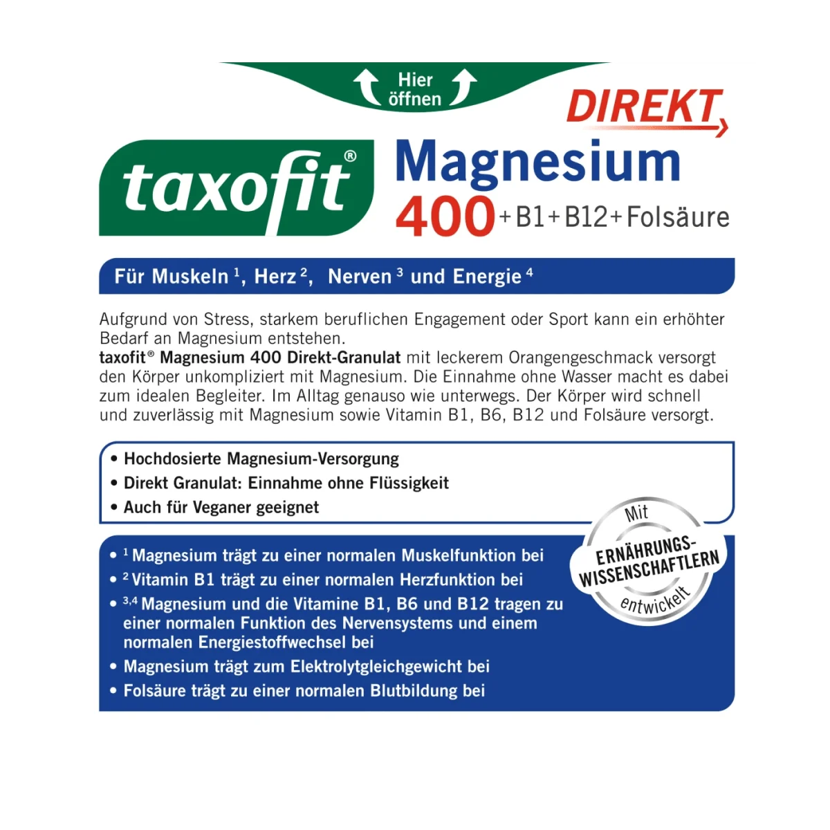 taxofit Magnesium 400 + B1 + B6 + B12 + Folsäure 800 Direkt-Granulat 20 St., 40 g