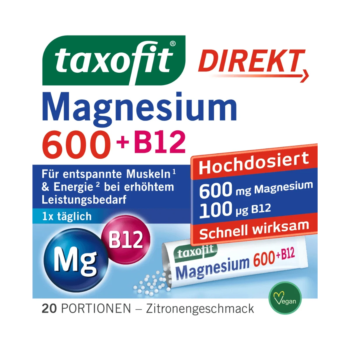 taxofit Magnesium 600 + B12 Direkt-Granulat 20 Stk, 40 g