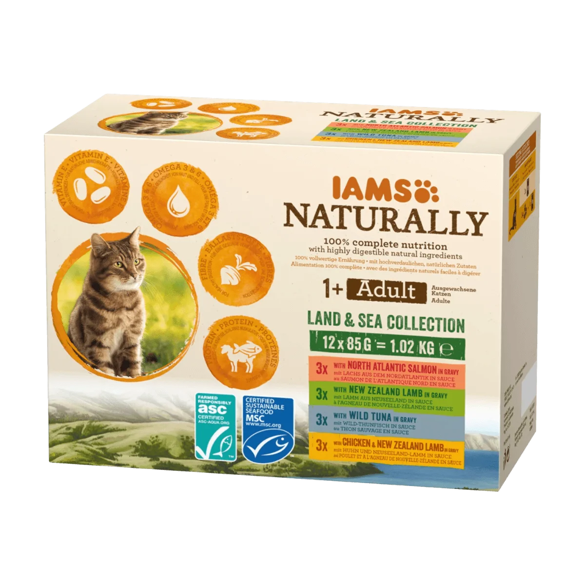 IAMS Nassfutter Katze land & sea collection in Sauce Naturally Mix, Adult, Multipack (12x85 g), 1.02 kg