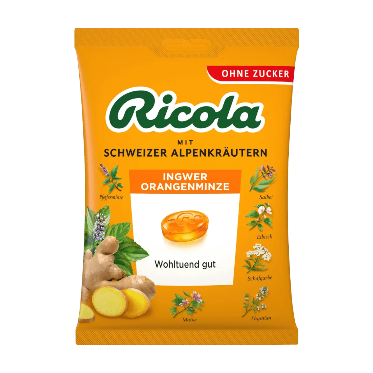 Ricola Bonbon, Ingwer & Orangenminze, zuckerfrei, 75 g