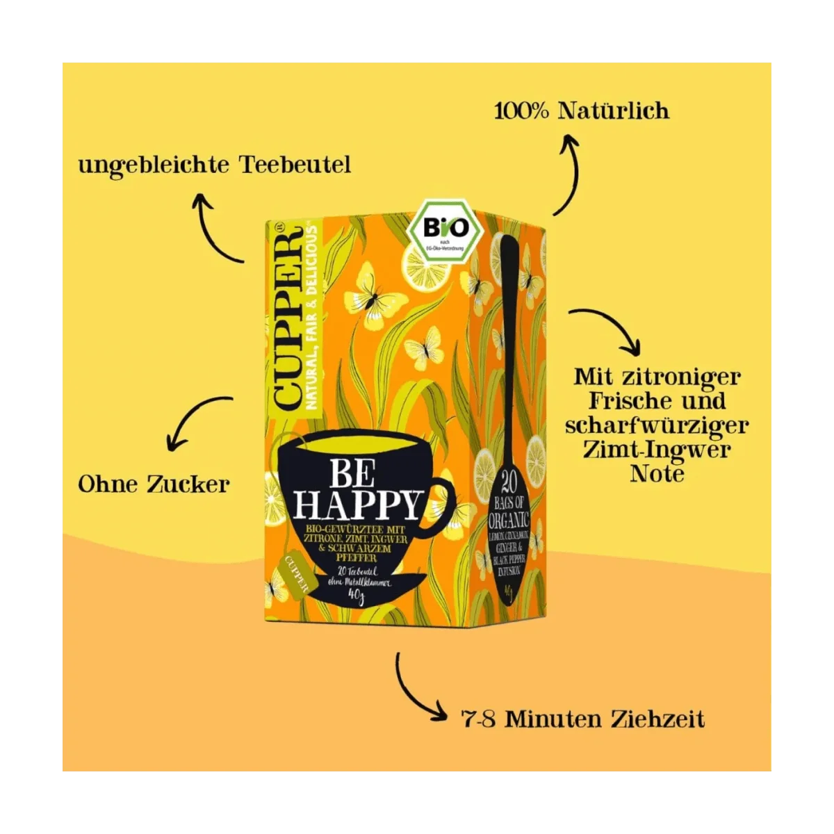 Cupper Gewürztee "Be Happy" mit Zitrone, Zimt, Ingwer, schwarzer Pfeffer (20 Beutel), 40 g