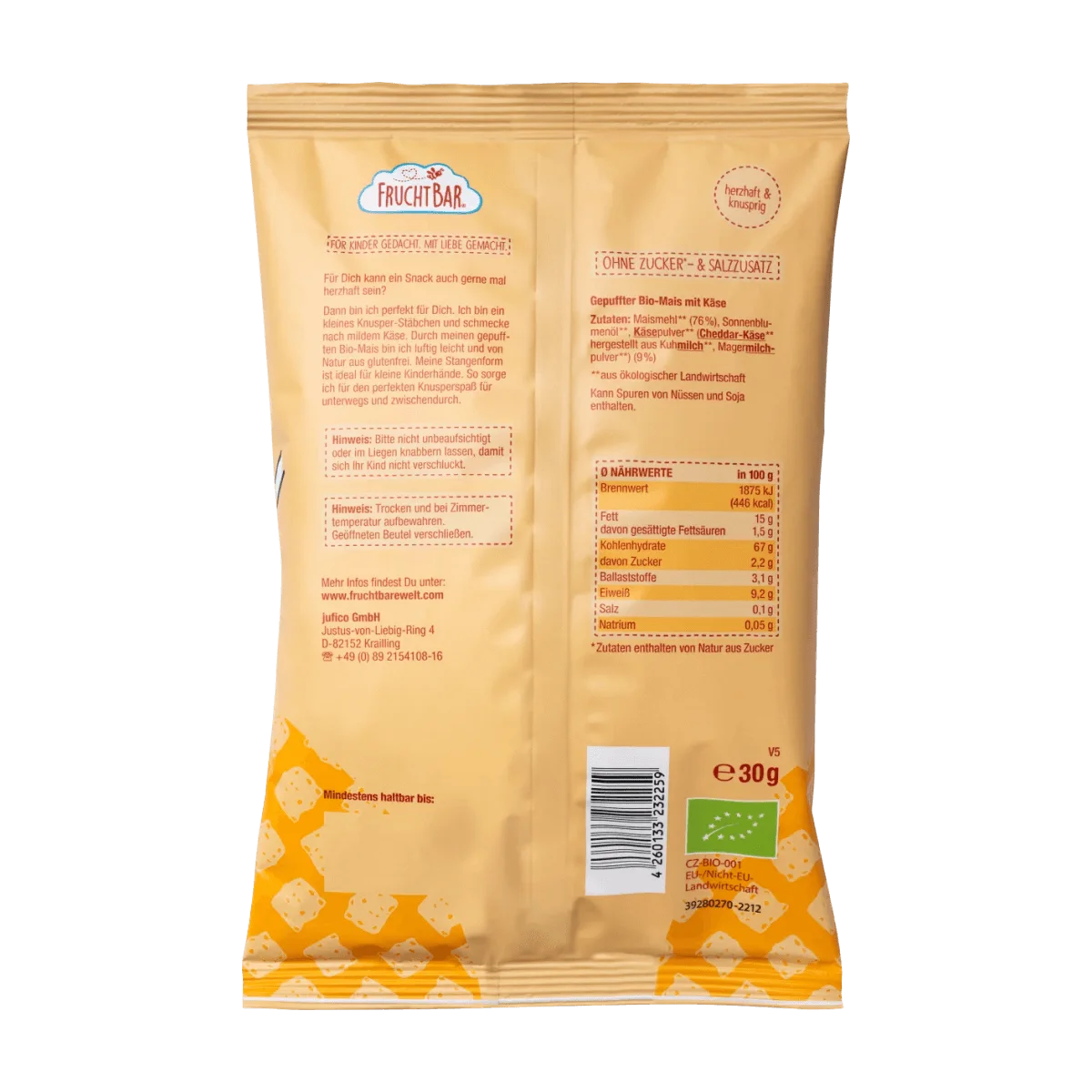 FruchtBar Kindersnack Bio-Knusper-Stäbchen Mais & Käse, ab 1 Jahr, 30 g