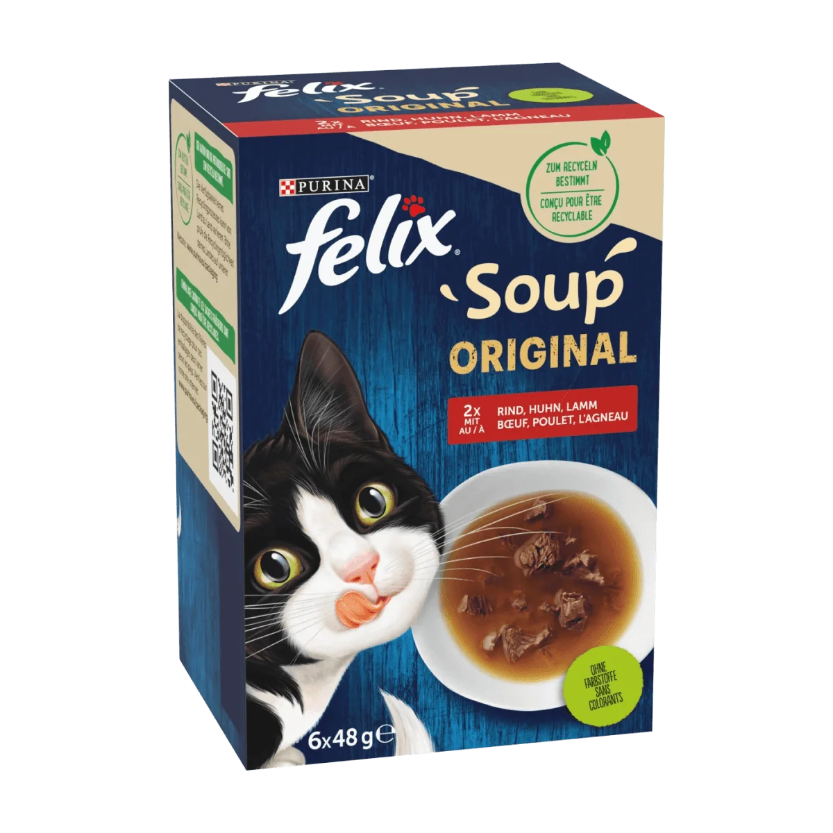 Felix Nassfutter Katze mit Rind, Huhn & Lamm, Soup Original Multipack (6x48 g), 288 g