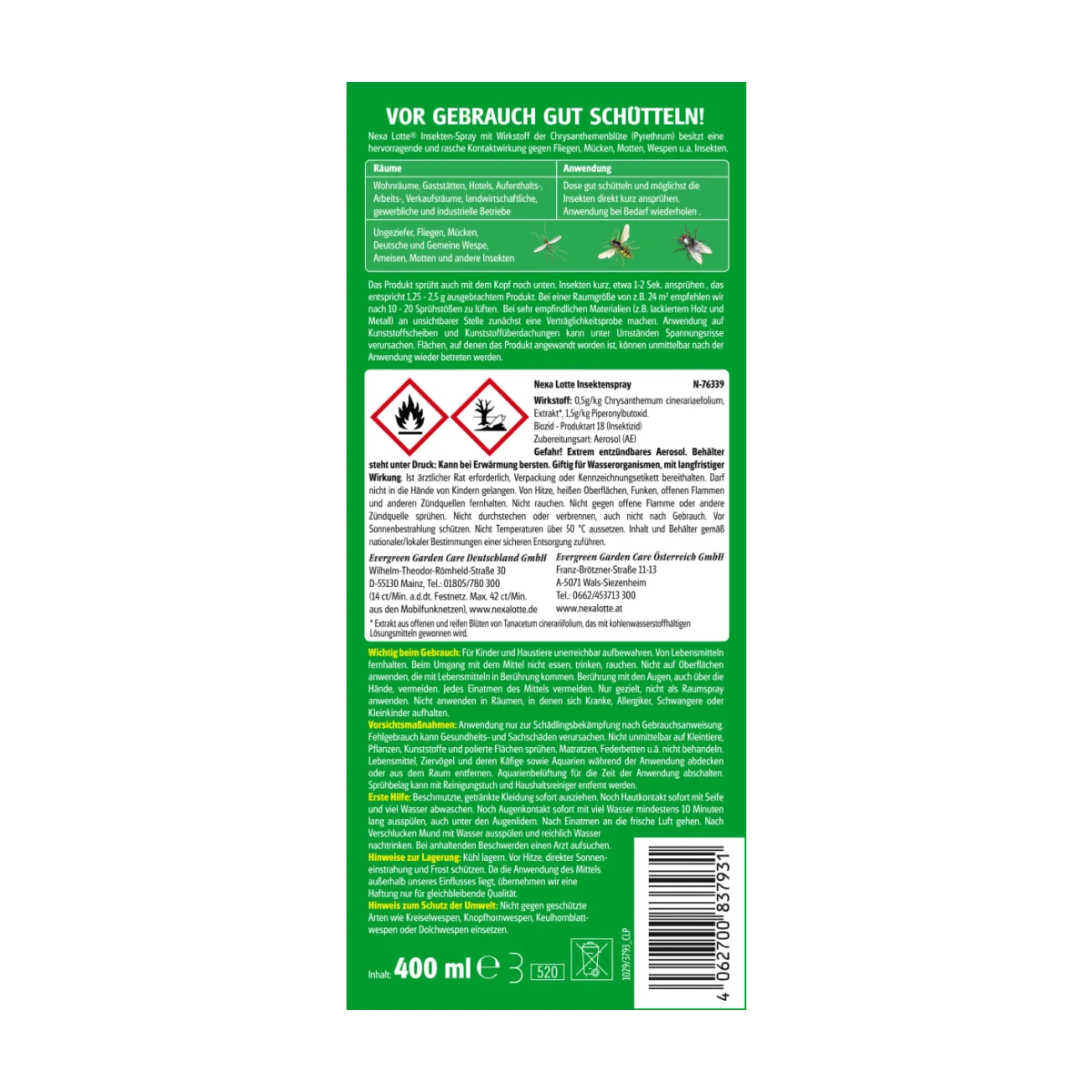 Nexa Lotte Insektenspray mit pflanzlichem Wirkstoff, 400 ml