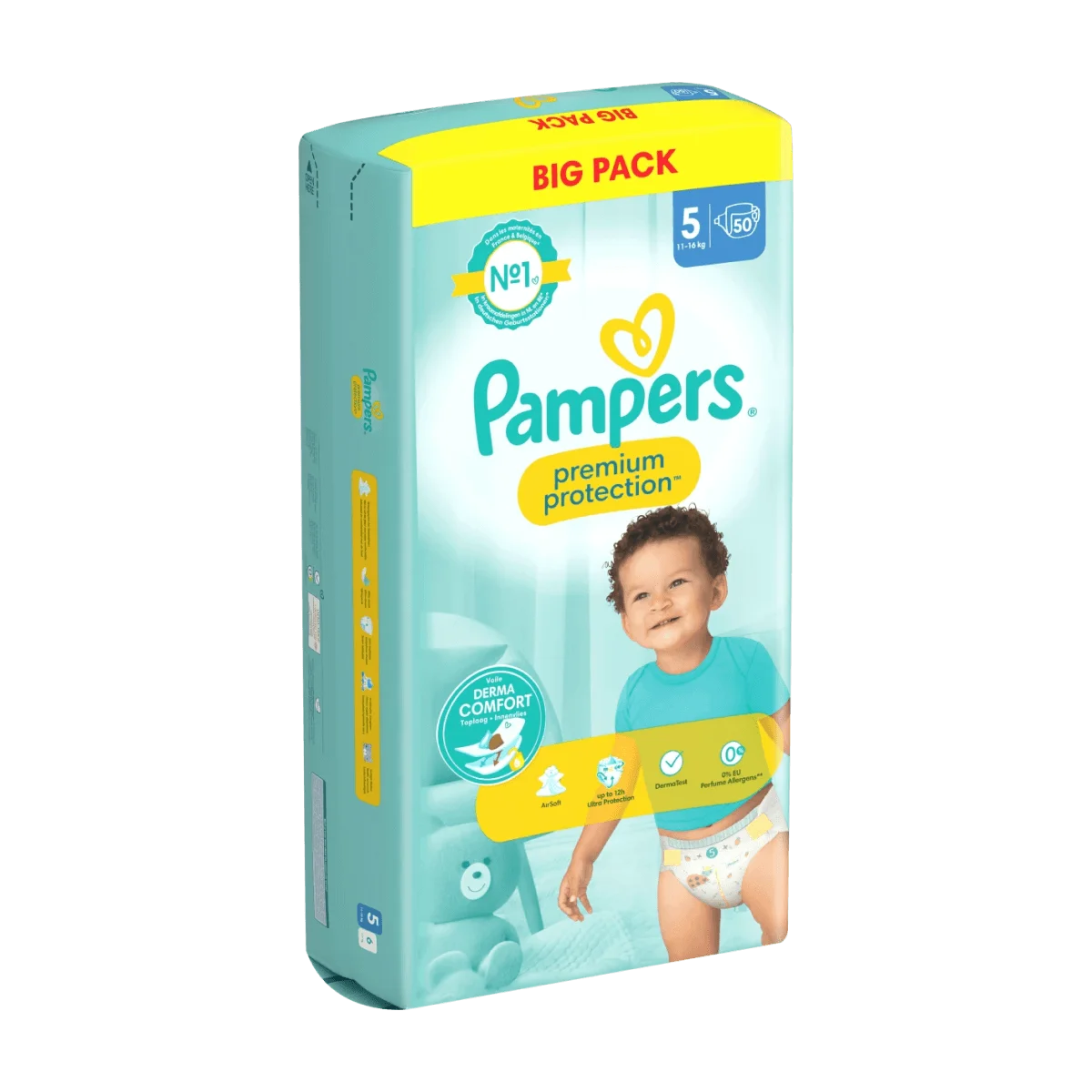 Pampers Lot de 50 couches pour bébé Taille 5 (11-16 kg) Premium Protection,  Junior, grand pack, meilleur confort et protection pour les peaux