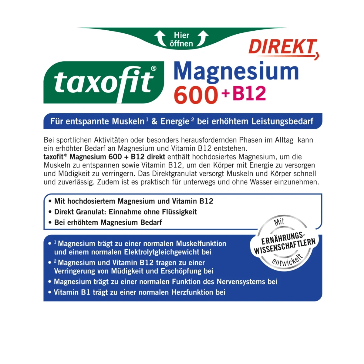 taxofit Magnesium 600 + B12 Direkt-Granulat 20 Stk, 40 g
